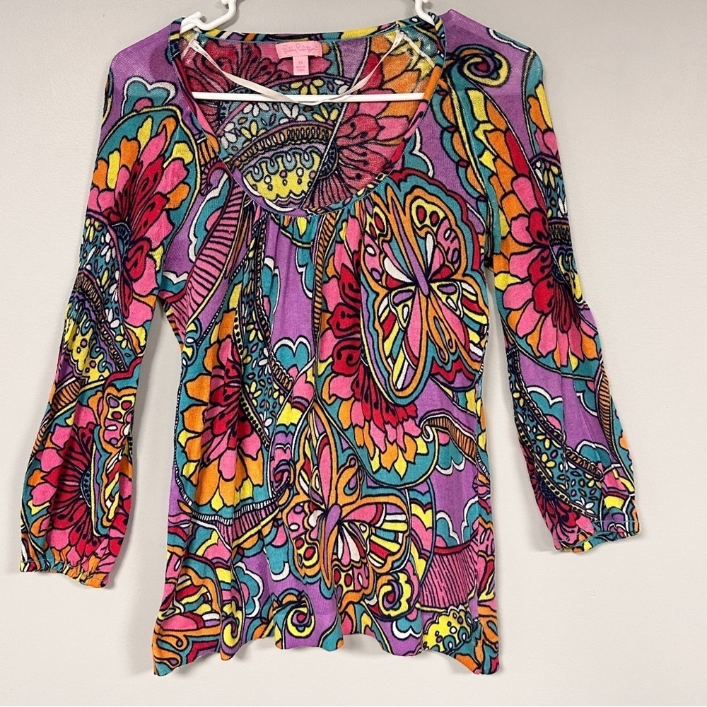 Lilly Pulitzer Bright multi-color Butterfly / Flowers Cotton Sweater XS